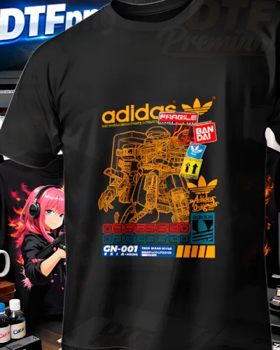 Diseño DTF Adidas Gundam Oro de la colección Adidas para playeras personalizadas.