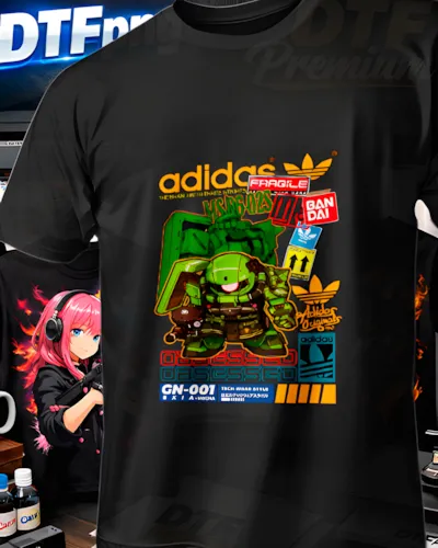 Diseño DTF Adidas Gundam Verde Neon de la colección Adidas para playeras personalizadas.
