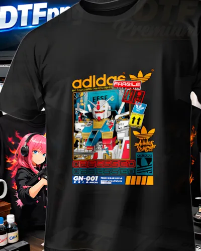 Diseño DTF Adidas Gundam Celeste de la colección Adidas para playeras personalizadas.