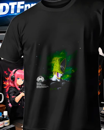 Diseño DTF Cell Aura Verde de la colección Dragon Ball para playeras personalizadas.