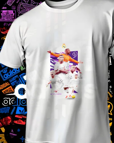 Playera blanca con un collage vertical de personajes ilustrados y bloques de color rosa, naranja y morado.