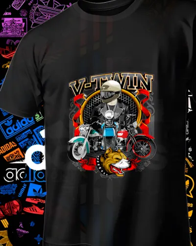 Playera negra con un esqueleto sobre una motocicleta, llamas y el texto V-Twin.