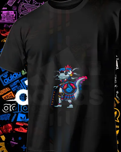 Playera negra con un personaje caricaturesco de capa roja y escudo circular rojo y azul.
