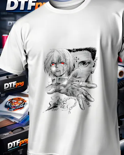 Mockup para playera del diseño Kurapika Chrollo Boceto, colección Hunter x Hunter