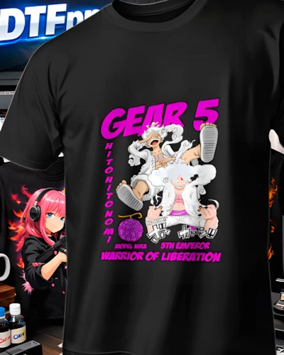Diseño DTF Luffy Gear 5 del Amanecer de la colección One Piece para playeras personalizadas.