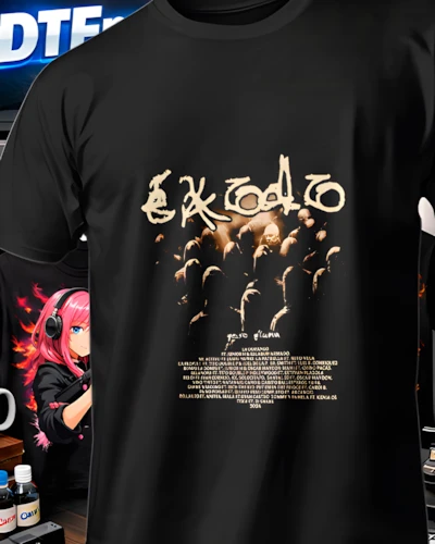 Mockup DTF de Exodo Siluetas Doradas para publicacion editorial dtf-peso-pluma-playeras