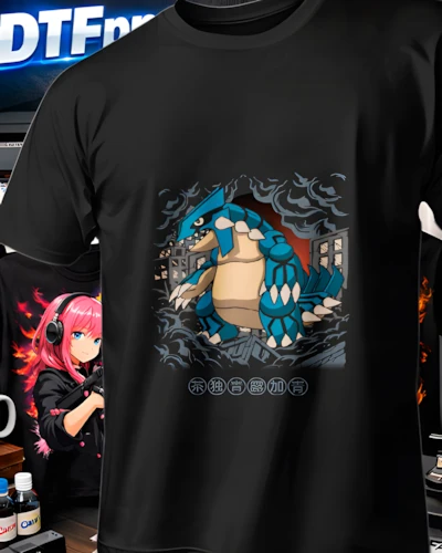 Diseño DTF Feraligatr Blindado de la colección Pokemon para playeras personalizadas.