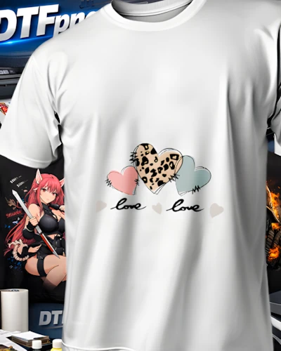 Playera blanca con tres corazones: uno rosa, otro con estampado de leopardo y otro verde pastel, acompañados por la palabra love.