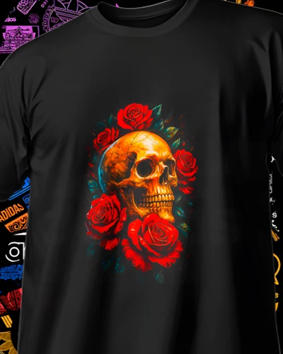 diseños DTF Streetwear para impresión DTF: Calavera y Rosas Carmesí